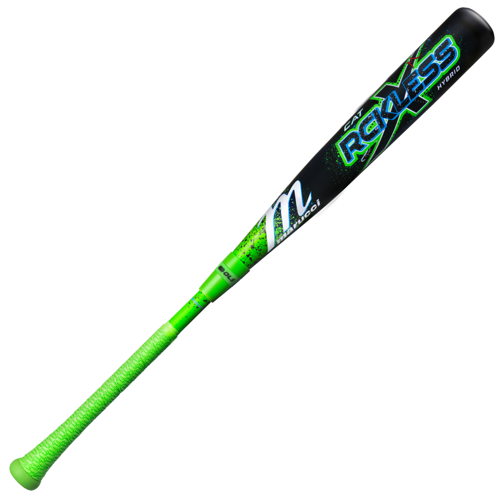 The 2026 Marucci CAT X RCKLESS Hybrid (-3) BBCOR Baseball Bat (MCBCRH DEMO) features a neon green and black design, textured green grip, and MAX RECKLESS branding for a sleek, modern look.