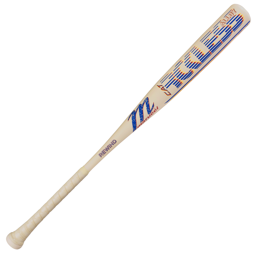 The Marucci 2026 CATX RCKLESS Rewind (-3) BBCOR bat features striking blue and orange graphics with "MOZEL" and "REWIND," a white metal barrel, and a white grip-taped handle for comfort and control.