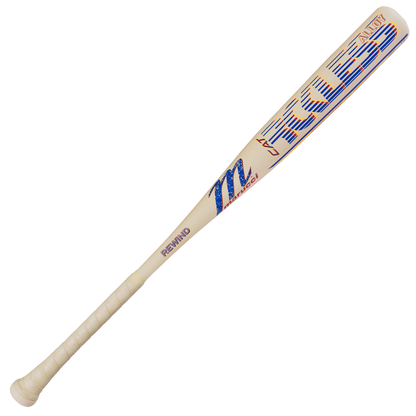The Marucci 2026 CATX RCKLESS Rewind (-3) BBCOR bat features striking blue and orange graphics with "MOZEL" and "REWIND," a white metal barrel, and a white grip-taped handle for comfort and control.