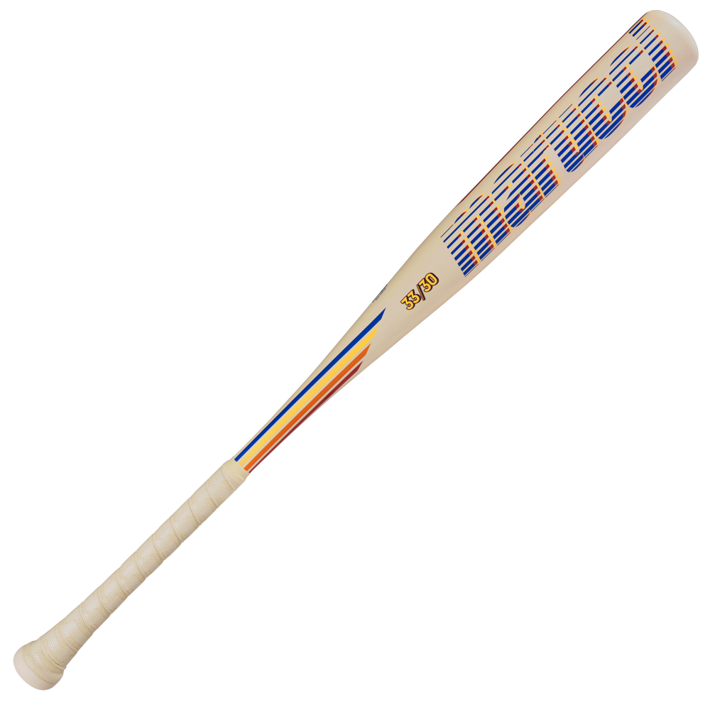 The 2026 Marucci CATX RCKLESS Rewind (-3) BBCOR Baseball Bat (MCBCRRC) is cream-colored with blue, red, and yellow stripes, features "Marucci" in large blue letters on the barrel, and has a 33/30 size.