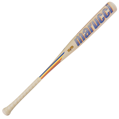 The 2026 Marucci CATX RCKLESS Rewind (-3) BBCOR Baseball Bat (MCBCRRC) is cream-colored with blue, red, and yellow stripes, features "Marucci" in large blue letters on the barrel, and has a 33/30 size.
