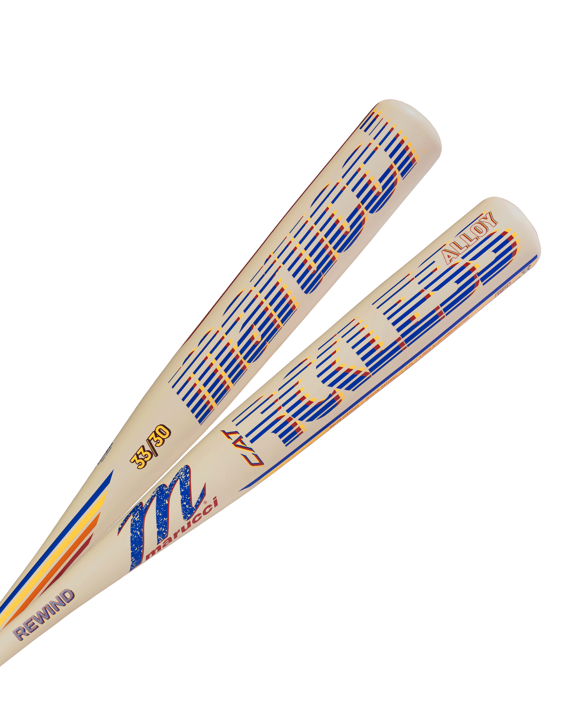 Two cream-colored Marucci CATX RCKLESS Rewind (-3) BBCOR Baseball Bats (MCBCRRC) with blue, orange, and yellow accents feature "Marucci," "REWIND," and "ALLOY" on the barrel plus a vibration dampener for smoother swings.