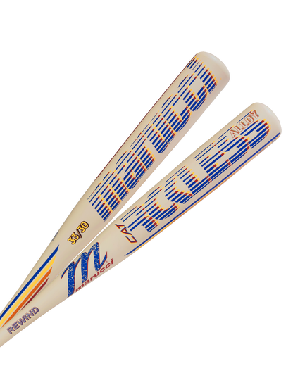 Two cream-colored Marucci CATX RCKLESS Rewind (-3) BBCOR Baseball Bats (MCBCRRC) with blue, orange, and yellow accents feature "Marucci," "REWIND," and "ALLOY" on the barrel plus a vibration dampener for smoother swings.