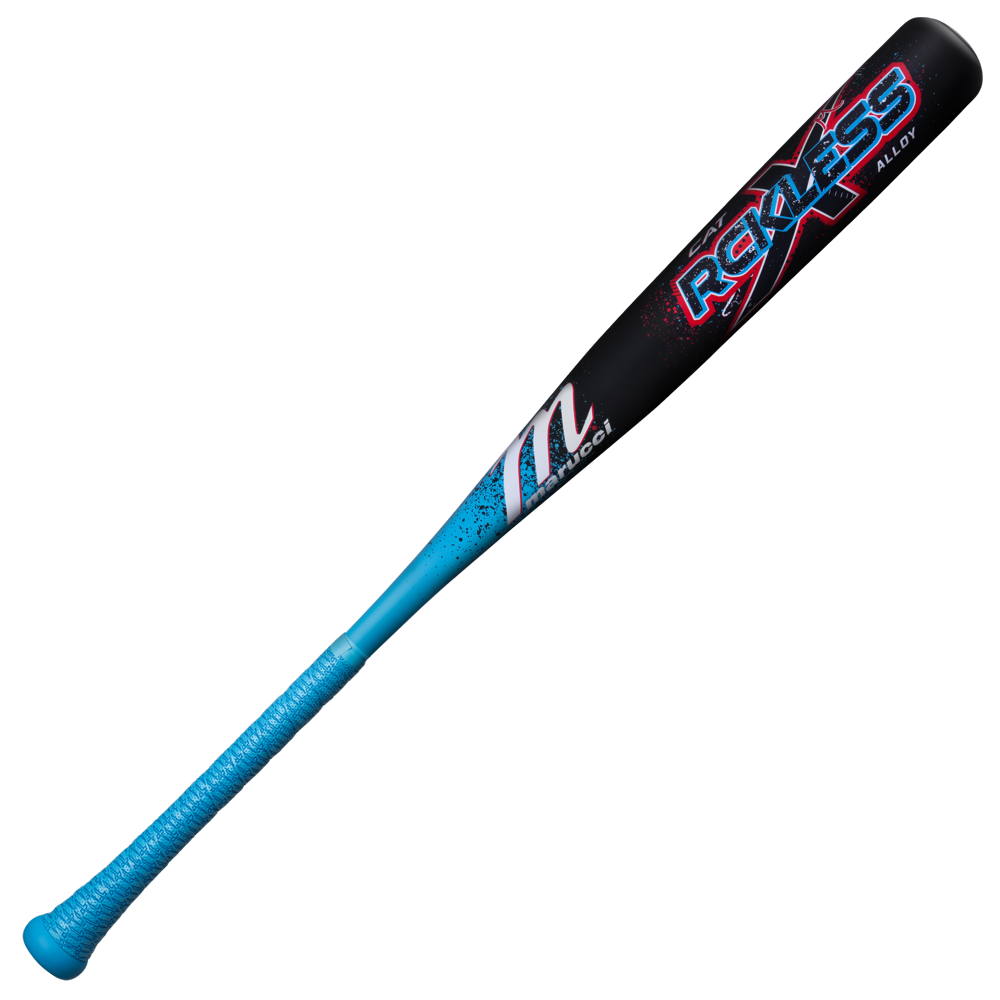 The Marucci 2026 CAT X RCKLESS (-3) BBCOR Baseball Bat (MCBCR) features a sleek black and blue design with bold branding and a textured blue grip handle.