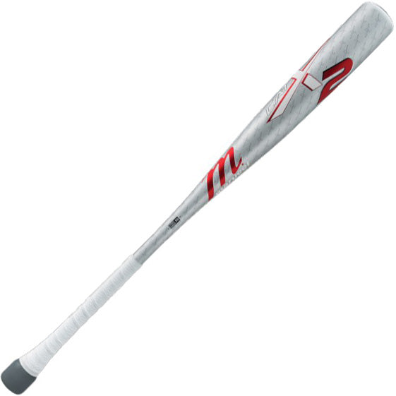 The 2025 Marucci CATX2 Puck Knob (-3) BBCOR Baseball Bat (MCBCX2P) features a silver and white design with red accents, black barrel logo, anti-vibration technology, and a white grip.