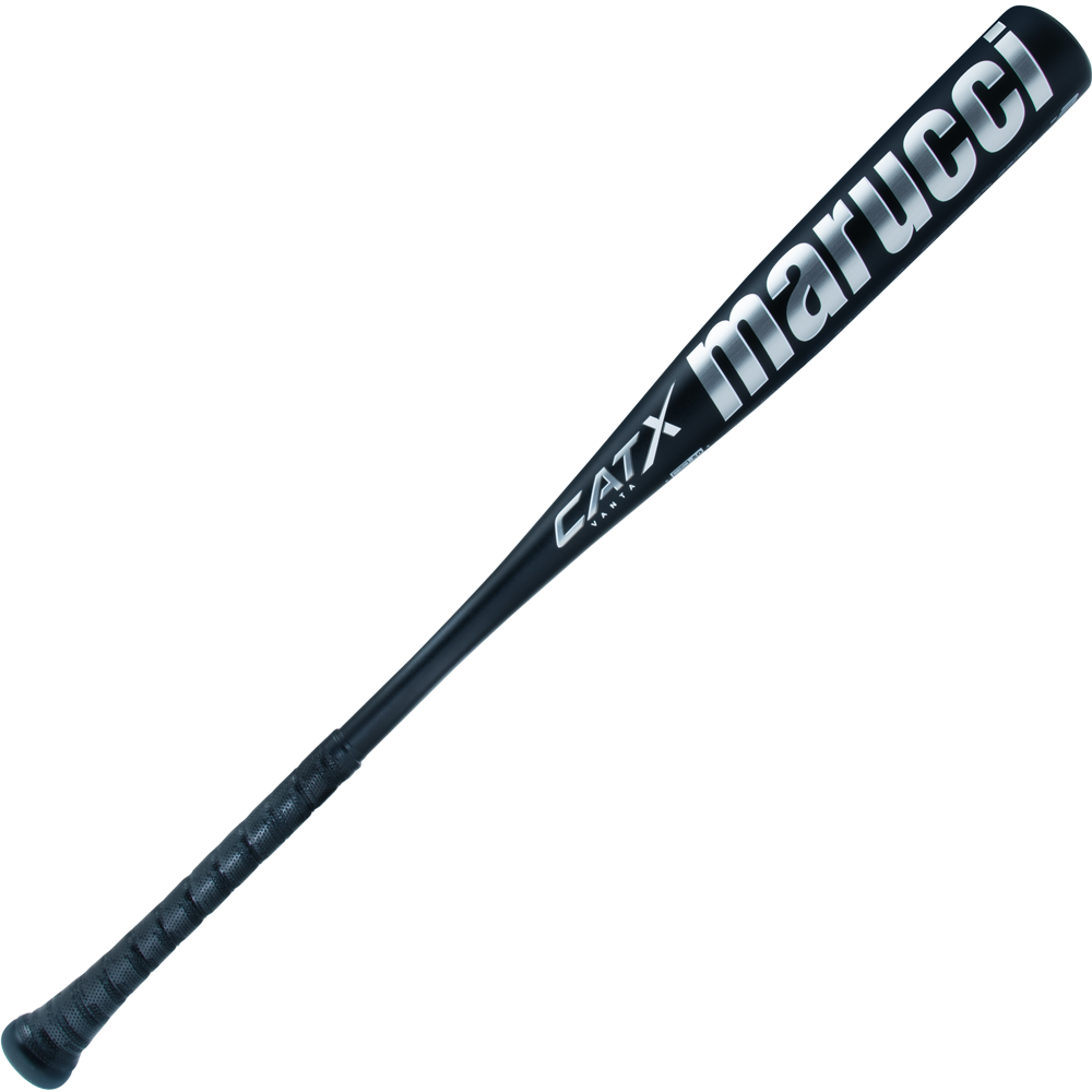 The 2024 Marucci CATX Vanta (-3) BBCOR Baseball Bat (MCBCXV) features a black design with white "marucci" lettering, a textured handle grip, and an optimized barrel profile.