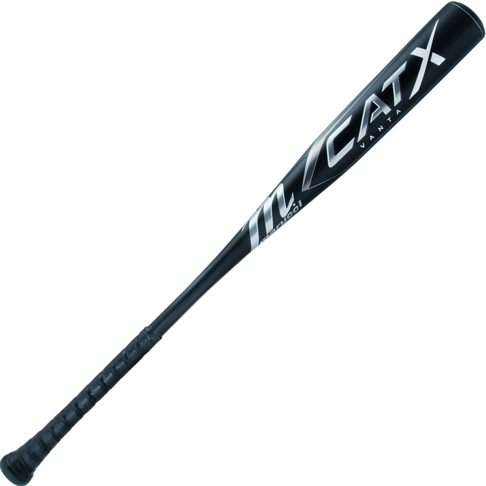 The 2024 Marucci CATX Vanta (-3) BBCOR Baseball Bat (MCBCXV) features a black design with silver and white lettering, an optimized barrel profile, and a textured grip handle for balance, displayed on a plain white background.