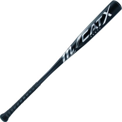 The 2024 Marucci CATX Vanta (-3) BBCOR Baseball Bat (MCBCXV) features a black design with silver and white lettering, an optimized barrel profile, and a textured grip handle for balance, displayed on a plain white background.