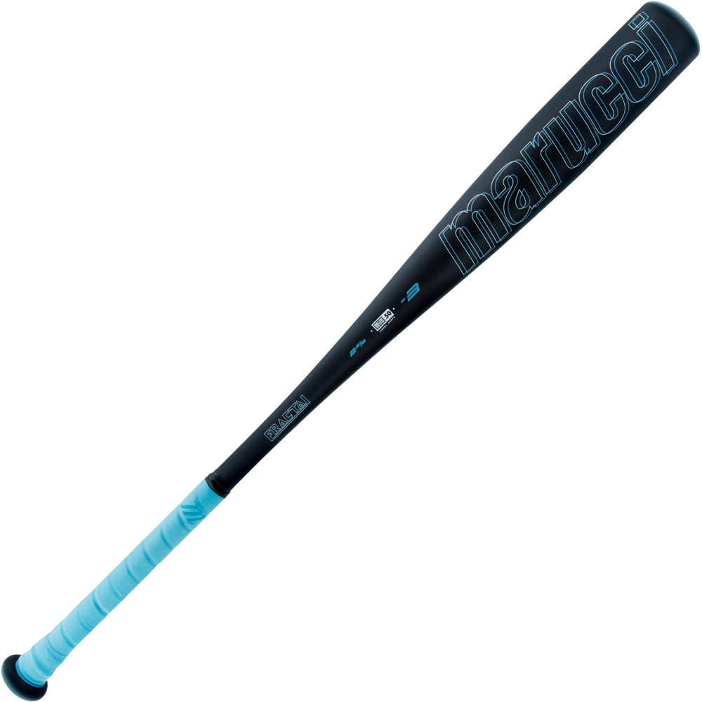The 2025 Marucci Fractal (-3) BBCOR Baseball Bat (MCBFR) is a black, one-piece aluminum bat with light blue accents and grip, featuring an expanded sweet spot, shown on a plain white background.