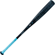 The 2025 Marucci Fractal (-3) BBCOR Baseball Bat (MCBFR) is a black, one-piece aluminum bat with light blue accents and grip, featuring an expanded sweet spot, shown on a plain white background.