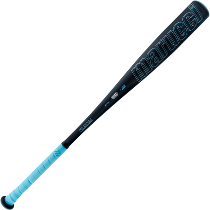 The 2025 Marucci Fractal (-3) BBCOR Baseball Bat (MCBFR) is a black, one-piece aluminum bat with light blue accents and grip, featuring an expanded sweet spot, shown on a plain white background.