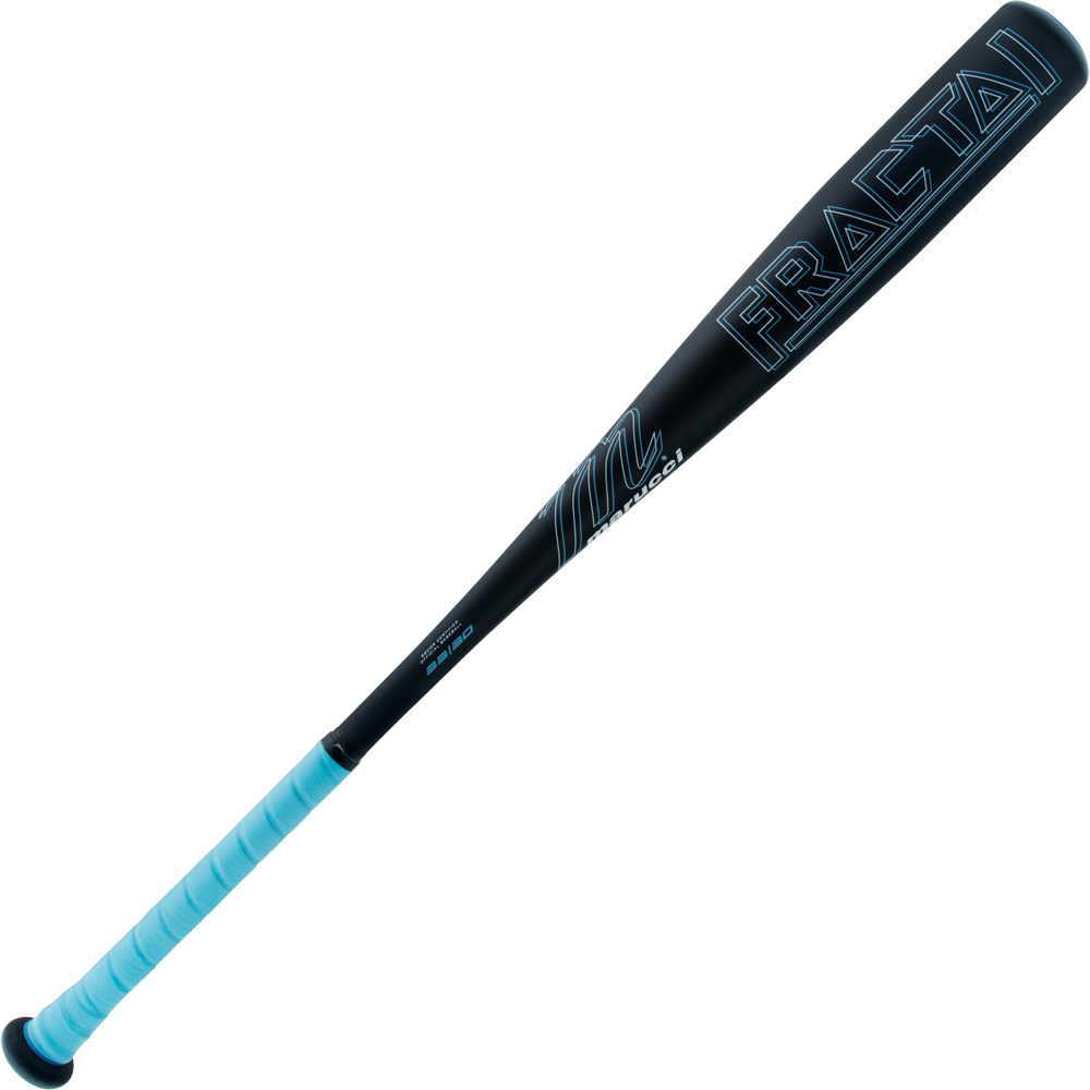 The 2025 Marucci Fractal (-3) BBCOR Baseball Bat (MCBFR) features a black one-piece aluminum design with blue "FRACTAL" lettering, a blue grip, and an expanded sweet spot, all by Marucci. Set against a plain white background.