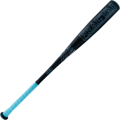 The 2025 Marucci Fractal (-3) BBCOR Baseball Bat (MCBFR) features a black one-piece aluminum design with blue "FRACTAL" lettering, a blue grip, and an expanded sweet spot, all by Marucci. Set against a plain white background.