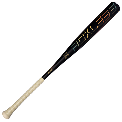 Introducing the 2027 Marucci RCKLESS Gen 2 (-3) BBCOR Baseball Bat (MCBR2) from Marucci—a black bat featuring a white grip and bold, colorful “RECKLESS” lettering on the barrel. It’s designed with an AZR Alloy barrel for enhanced performance and incorporates Anti-Vibration Technology for a smoother swing.