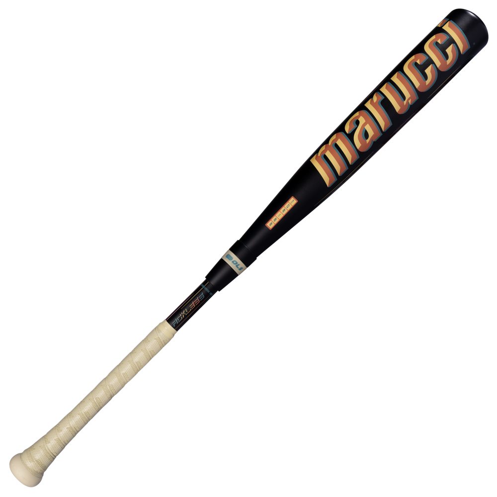 Certainly! Here’s a rewrite of the sentence using the provided product data: The Marucci 2027 RCKLESS Gen 2 Hybrid (-3) BBCOR Baseball Bat (MCBRH2) features a sleek black design with a beige grip and a prominent orange and yellow Marucci logo along the barrel. Showcasing an AZR Alloy barrel for enhanced performance, the bat is angled with its handle at the lower left and the barrel positioned at the upper right.