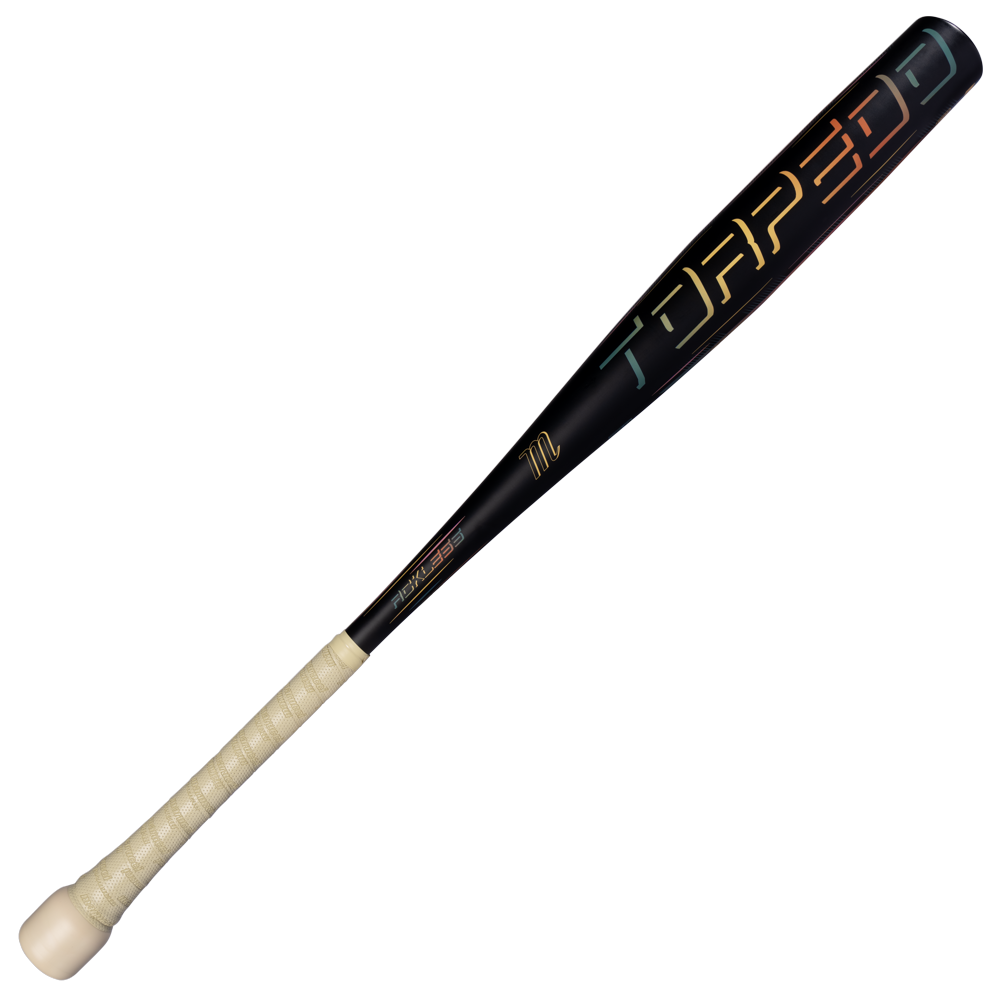 A black Marucci 2027 RCKLESS Gen 2 Puck Torpedo (-3) BBCOR baseball bat featuring the word “TORPEDO” in colorful letters on its extended barrel and a cream-colored grip on the handle.