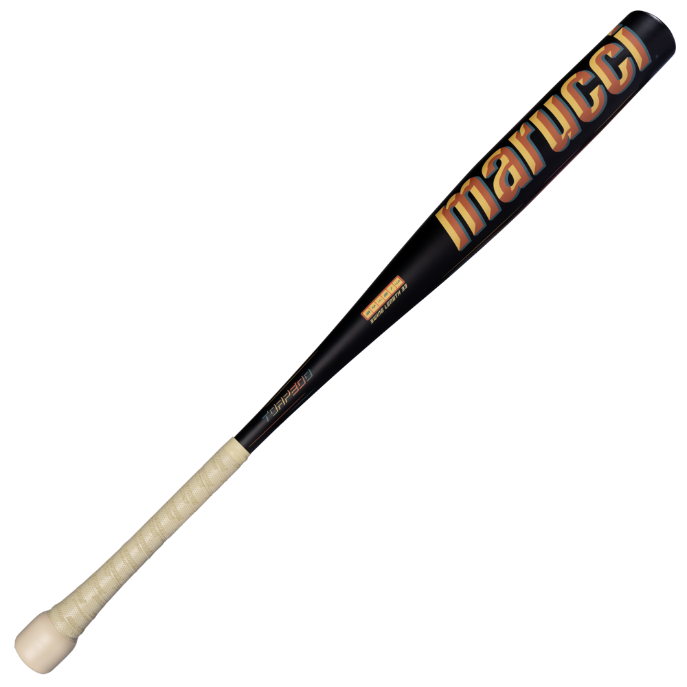 A black 2027 Marucci RCKLESS Gen 2 Puck Torpedo (-3) BBCOR Baseball Bat (model MCBRTP2) with a white grip is displayed on a white background. The brand name “Marucci” is printed in large, bold letters along the extended barrel, emphasizing its professional quality.