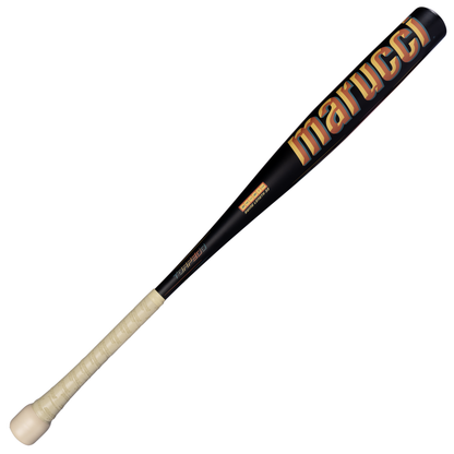 A black 2027 Marucci RCKLESS Gen 2 Puck Torpedo (-3) BBCOR Baseball Bat (model MCBRTP2) with a white grip is displayed on a white background. The brand name “Marucci” is printed in large, bold letters along the extended barrel, emphasizing its professional quality.