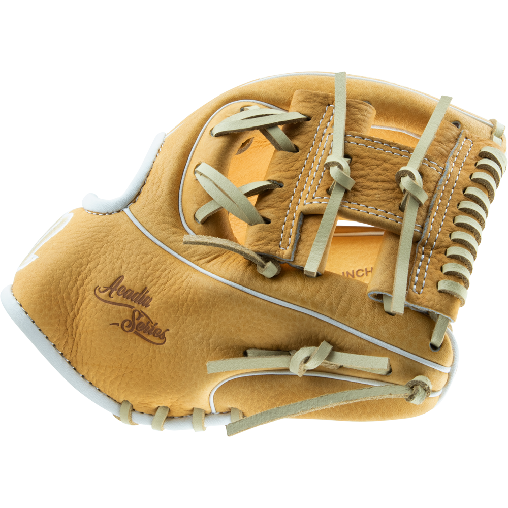 The Marucci Acadia 41A2 11" Baseball Glove (MFG2AC41A2) features tan full-grain cowhide leather, professional-grade rawhide laces, and Acadia Series branding, shown against a white background.