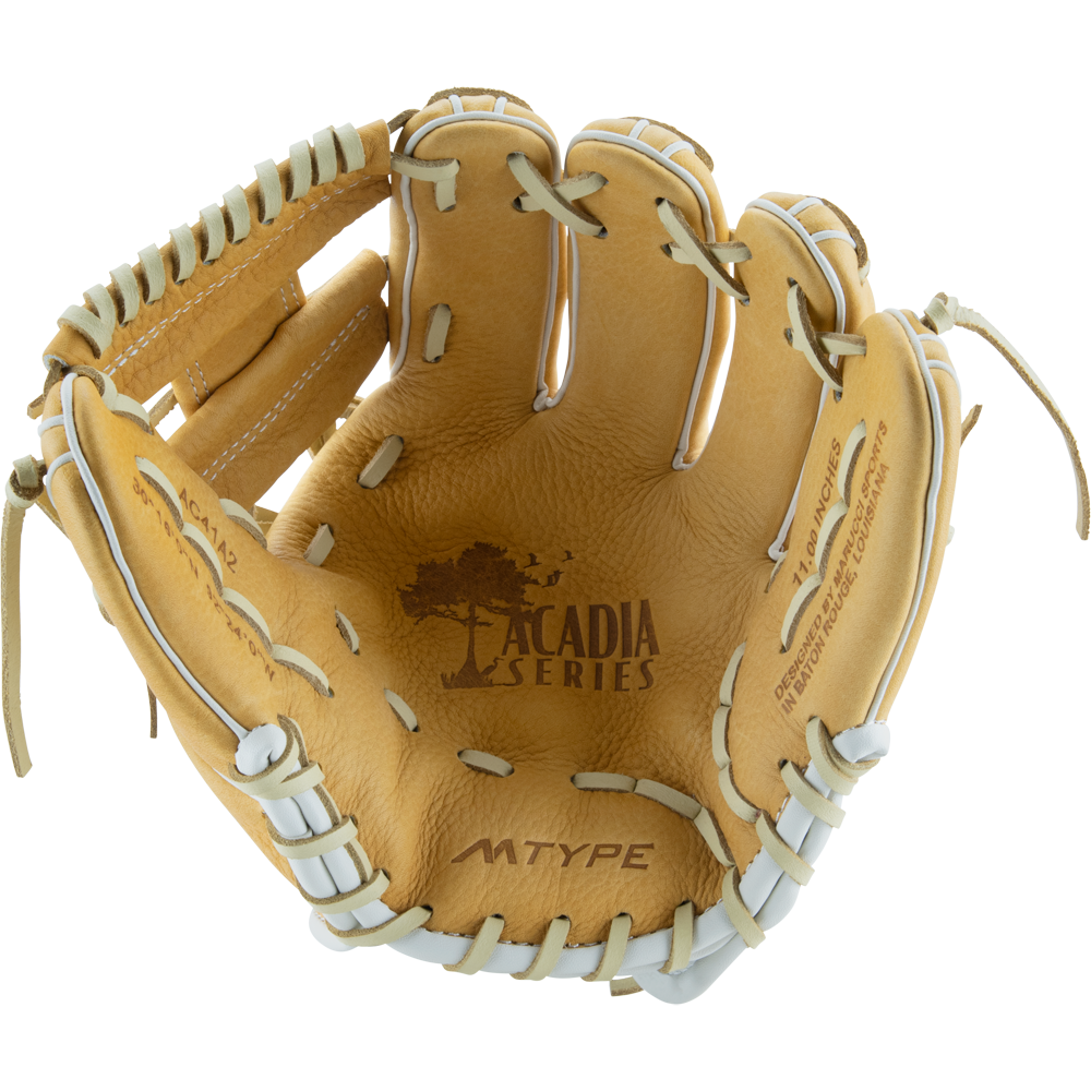 The Marucci Acadia 41A2 11" Baseball Glove by Marucci features a tan full-grain cowhide leather build, professional rawhide laces, “ACADIA SERIES” and tree logo on the palm, and “MTYPE” printed on the bottom.
