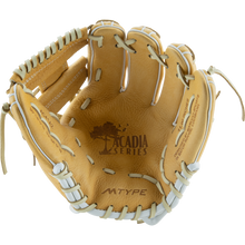 The Marucci Acadia 41A2 11" Baseball Glove by Marucci features a tan full-grain cowhide leather build, professional rawhide laces, “ACADIA SERIES” and tree logo on the palm, and “MTYPE” printed on the bottom.