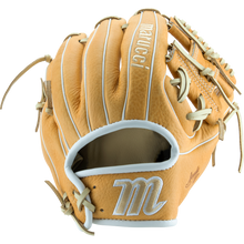 The Marucci Acadia 41A2 11" Baseball Glove (MFG2AC41A2) features tan full-grain cowhide leather, white stitching, professional-grade rawhide laces, and Marucci branding on the back and wrist, shown palm-side down on a white background.