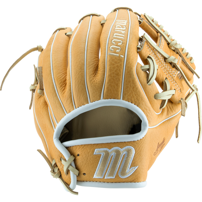 The Marucci Acadia 41A2 11" Baseball Glove (MFG2AC41A2) features tan full-grain cowhide leather, white stitching, professional-grade rawhide laces, and Marucci branding on the back and wrist, shown palm-side down on a white background.
