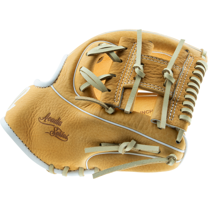 The Marucci Acadia 42A2 11.25" Baseball Glove (MFG2AC42A2) features tan full-grain cowhide leather, cream laces, an I-Web design, and "Acadia Series" printed on the side, shown on a white background.