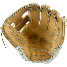 A tan full-grain cowhide Marucci Acadia 42A2 11.25" Baseball Glove (MFG2AC42A2) with white lacing is shown open, displaying "ACADIA SERIES," "ATYPE," technical details, and a tree logo stamped inside the palm.