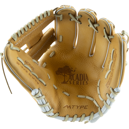 A tan full-grain cowhide Marucci Acadia 42A2 11.25" Baseball Glove (MFG2AC42A2) with white lacing is shown open, displaying "ACADIA SERIES," "ATYPE," technical details, and a tree logo stamped inside the palm.
