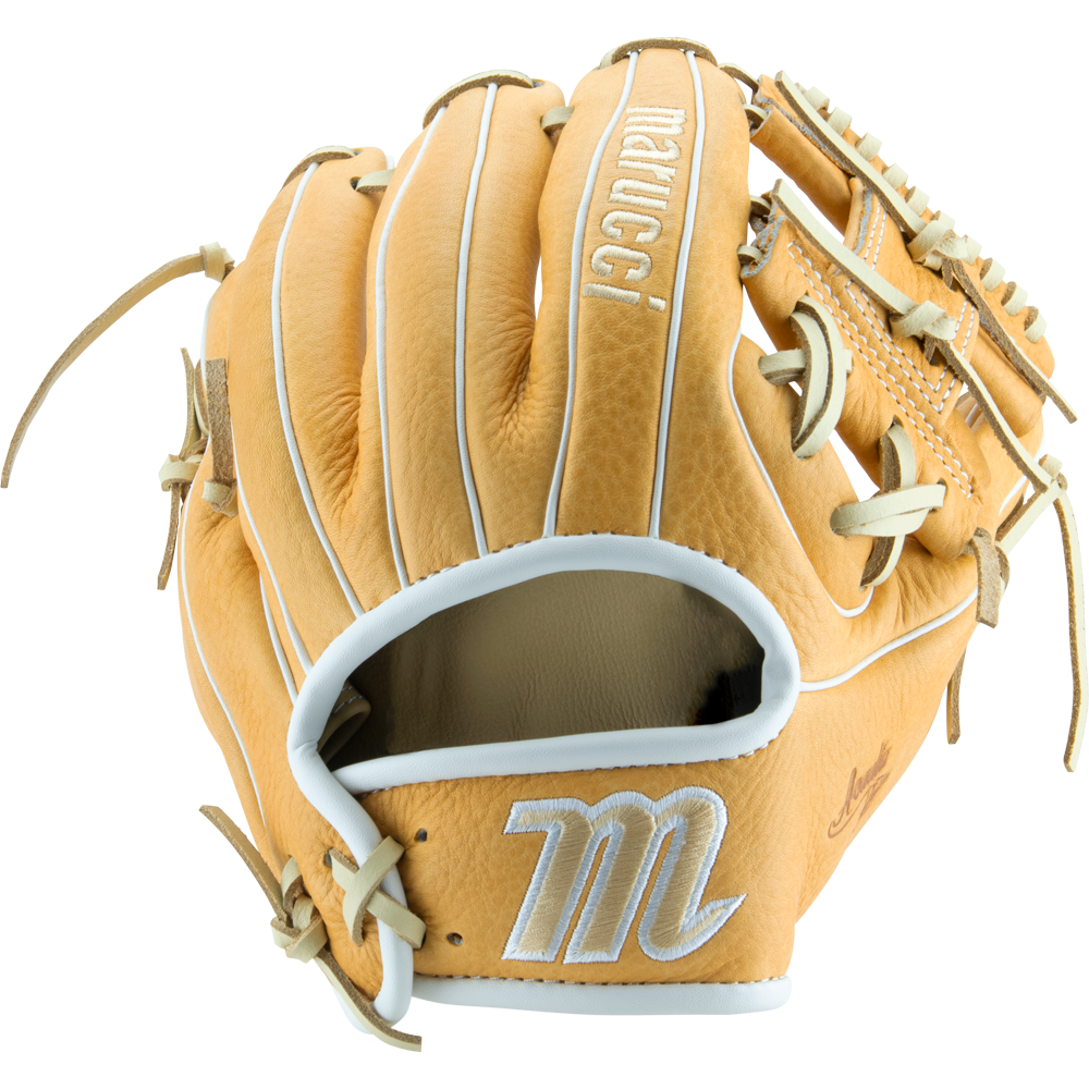 The Marucci Acadia 42A2 11.25" Baseball Glove (MFG2AC42A2) features tan full-grain cowhide leather, white stitching and lace accents, an I-Web design, and a white M embroidered on the lower palm.