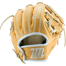 The Marucci Acadia 42A2 11.25" Baseball Glove (MFG2AC42A2) features tan full-grain cowhide leather, white stitching and lace accents, an I-Web design, and a white M embroidered on the lower palm.