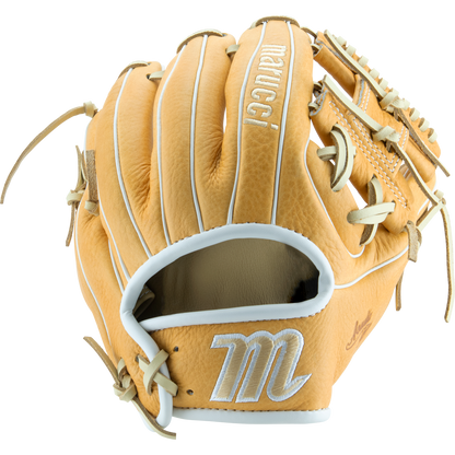 The Marucci Acadia 42A2 11.25" Baseball Glove (MFG2AC42A2) features tan full-grain cowhide leather, white stitching and lace accents, an I-Web design, and a white M embroidered on the lower palm.