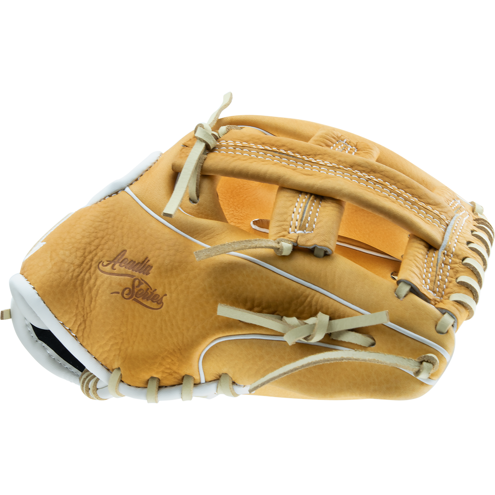 The Marucci Acadia 43A4 11.5" Baseball Glove (MFG2AC43A4) features tan full-grain cowhide leather, white professional-grade laces and stitching, "Acadia Series" embossing, a deep pocket, and detailed craftsmanship.