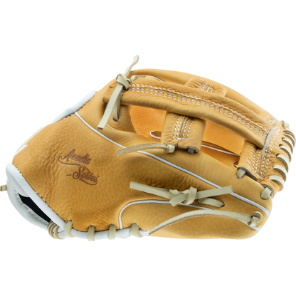 The Marucci Acadia 43A4 11.5" Baseball Glove (MFG2AC43A4) features tan full-grain cowhide leather, white professional-grade laces and stitching, "Acadia Series" embossing, a deep pocket, and detailed craftsmanship.