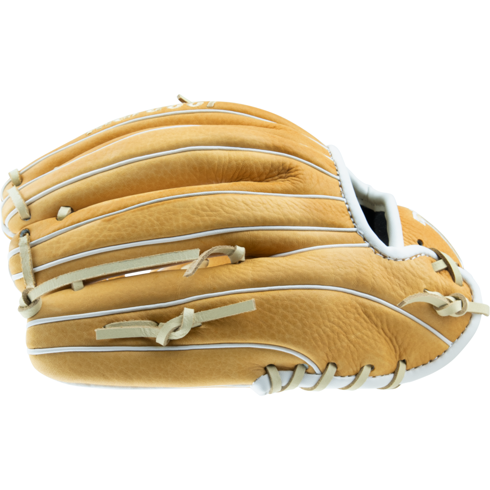The Marucci Acadia 43A4 11.5" Baseball Glove (MFG2AC43A4) by Marucci sits on a white background, featuring full-grain cowhide leather, professional-grade laces, and durable construction.