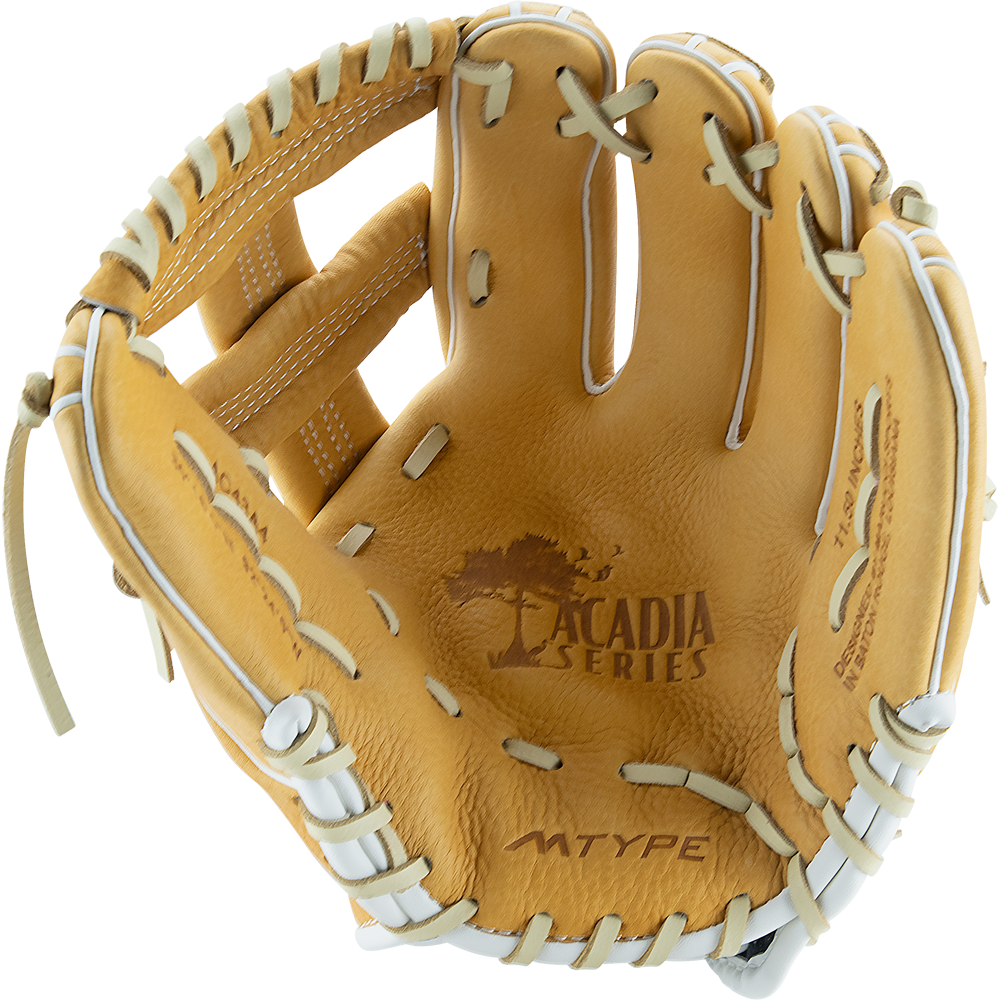The Marucci Acadia 43A4 11.5" Baseball Glove (MFG2AC43A4) features tan full-grain cowhide leather, white pro-grade laces, open design with detailed stitching, tree logo, and ACADIA SERIES and MTYPE branding on the palm.