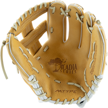The Marucci Acadia 43A4 11.5" Baseball Glove (MFG2AC43A4) features tan full-grain cowhide leather, white pro-grade laces, open design with detailed stitching, tree logo, and ACADIA SERIES and MTYPE branding on the palm.
