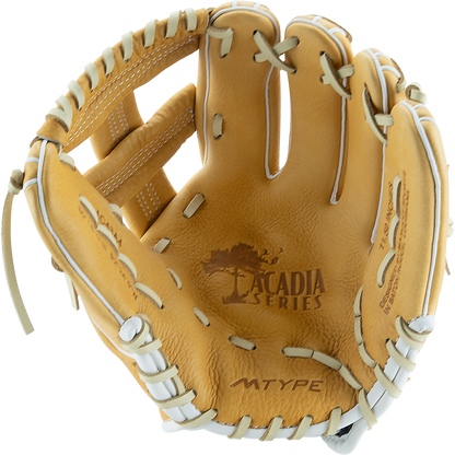 The Marucci Acadia 43A4 11.5" Baseball Glove (MFG2AC43A4) features tan full-grain cowhide leather, white pro-grade laces, open design with detailed stitching, tree logo, and ACADIA SERIES and MTYPE branding on the palm.