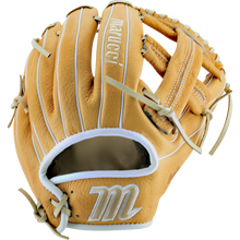 The Marucci Acadia 43A4 11.5" Baseball Glove (MFG2AC43A4) is a tan full-grain cowhide glove with white stitching, open webbing, pro-grade laces, and features the Marucci logo—shown from an angle highlighting the palm and outer edge.