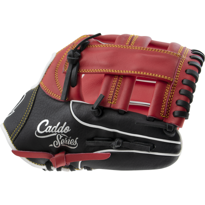 The Marucci Caddo 11" Baseball Glove (MFG2CD1100) features full-grain cowhide leather, red and black panels, yellow stitching, black laces, and “Caddo Series” in white print. Glove shown by Marucci on a plain white background.