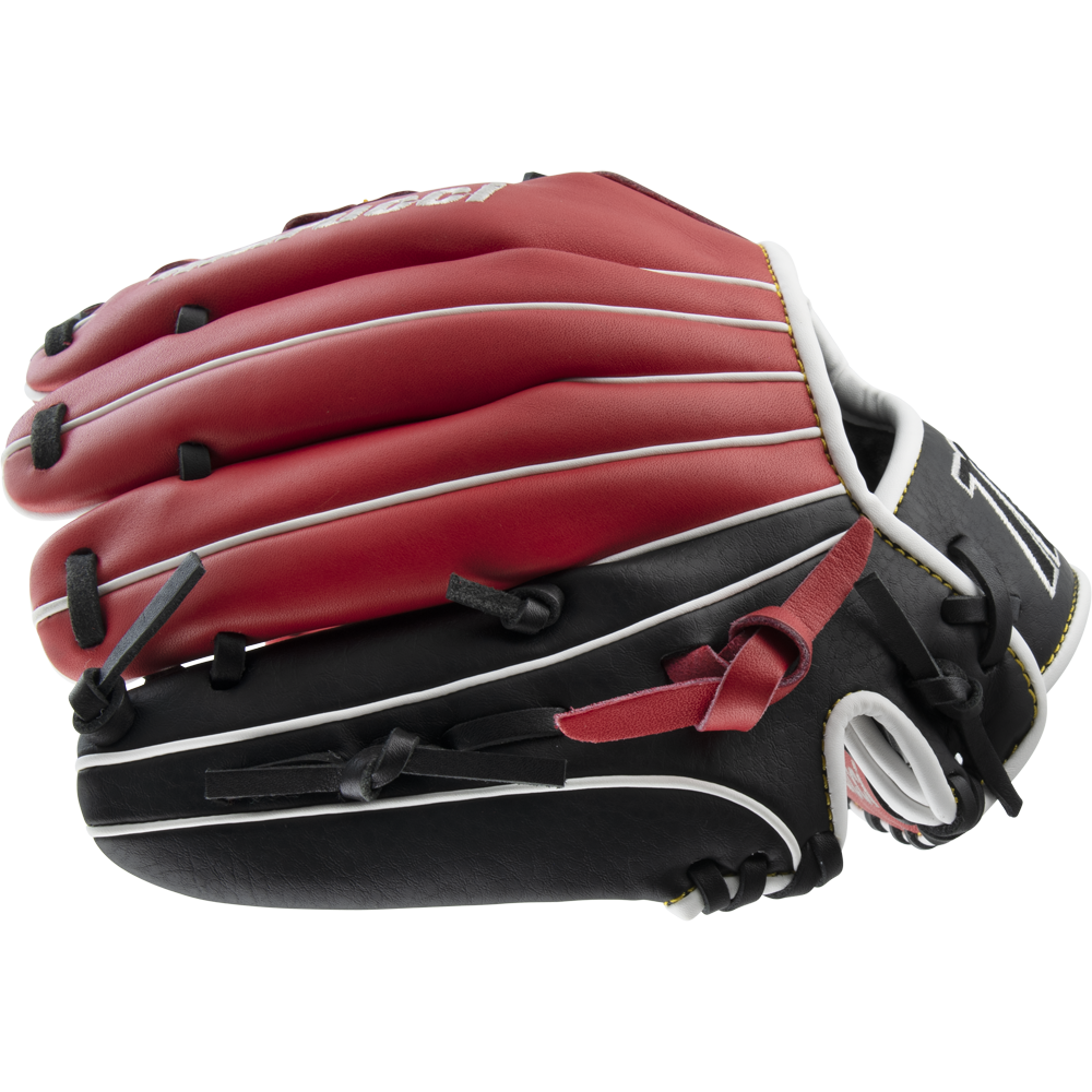 The Marucci Caddo 11" Baseball Glove (MFG2CD1100) by Marucci is shown closed in a side profile on a white background. Made from full-grain cowhide leather, it features red, black, and white accents plus an adjustable hand stall for a secure fit.