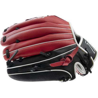 The Marucci Caddo 11" Baseball Glove (MFG2CD1100) by Marucci is shown closed in a side profile on a white background. Made from full-grain cowhide leather, it features red, black, and white accents plus an adjustable hand stall for a secure fit.