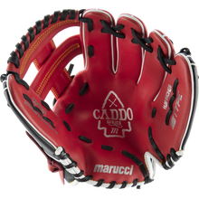 The Marucci Caddo 11" Baseball Glove (MFG2CD1100) is a red youth glove made from full-grain cowhide leather with black and white lacing and features the Marucci brand name and series logo on the palm.