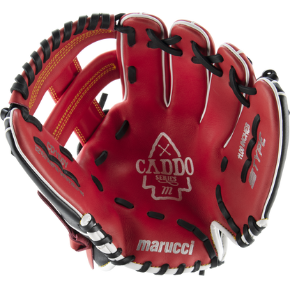 The Marucci Caddo 11" Baseball Glove (MFG2CD1100) is a red youth glove made from full-grain cowhide leather with black and white lacing and features the Marucci brand name and series logo on the palm.