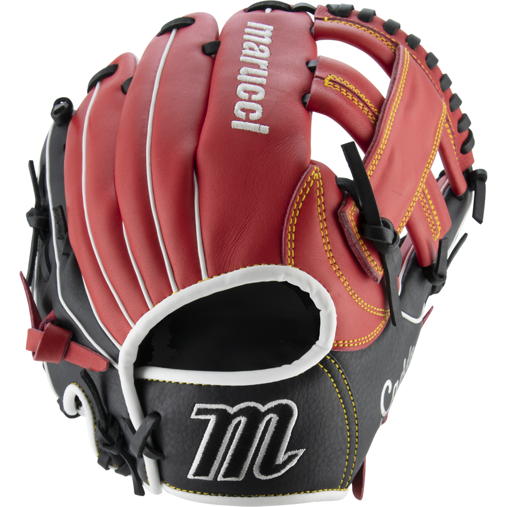 The Marucci Caddo 11" Baseball Glove: MFG2CD1100 features a red, black, and tan design in full-grain cowhide leather with white stitching and Marucci branding on the wrist and fingers, displayed against a white background.
