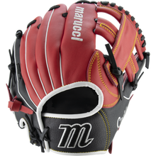 The Marucci Caddo 11" Baseball Glove: MFG2CD1100 features a red, black, and tan design in full-grain cowhide leather with white stitching and Marucci branding on the wrist and fingers, displayed against a white background.