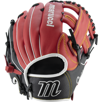 The Marucci Caddo 11" Baseball Glove: MFG2CD1100 features a red, black, and tan design in full-grain cowhide leather with white stitching and Marucci branding on the wrist and fingers, displayed against a white background.