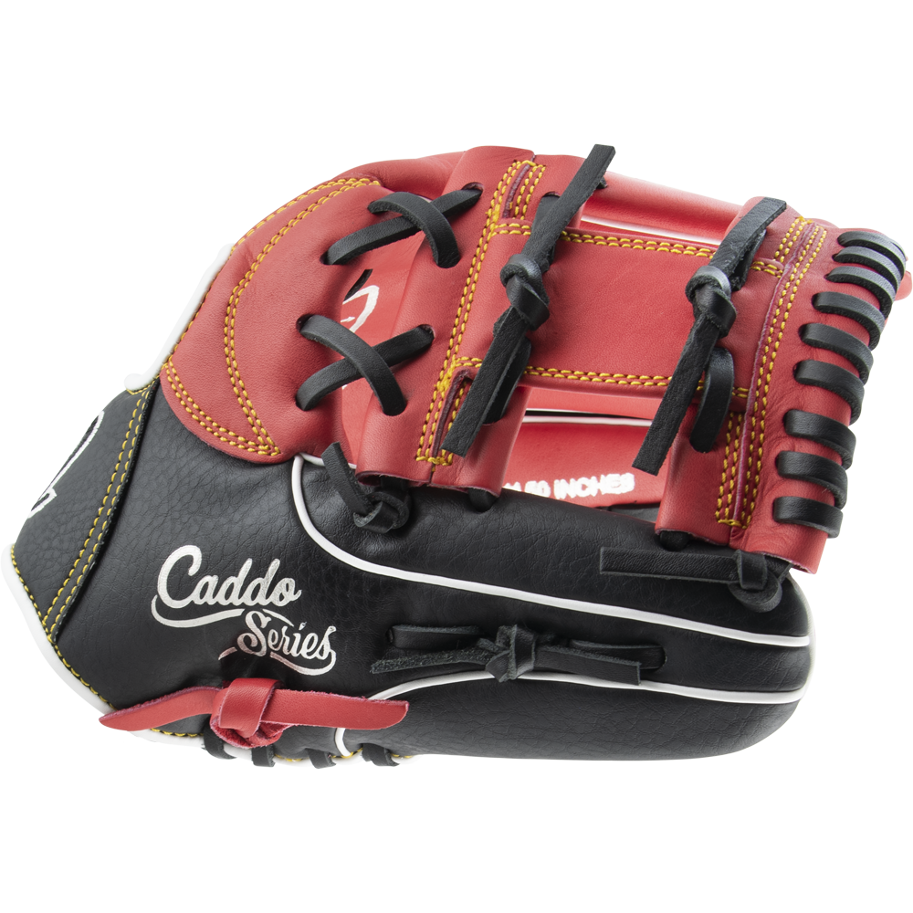 The Marucci Caddo 11.5" Baseball Glove (MFG2CD1150) features black and red full-grain cowhide leather, yellow stitching, black laces, and "Caddo Series" in white on the side, displayed on a plain white background.