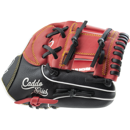 The Marucci Caddo 11.5" Baseball Glove (MFG2CD1150) features black and red full-grain cowhide leather, yellow stitching, black laces, and "Caddo Series" in white on the side, displayed on a plain white background.